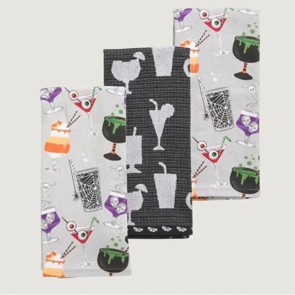 Cupcakes and Cashmere Creepy Cocktails Skulls Kitchen/Bar Towels & Jigger 3 Pack